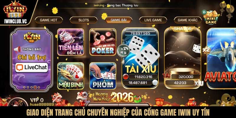 Giao diện trang chủ IWIN hiện đại và sang trọng